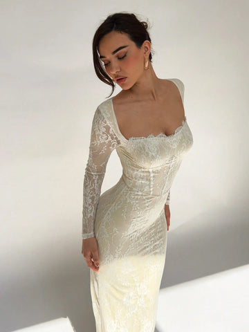 Sexy S-Shaped Lace Long Sleeve Cupped Corset Collar Slim Fitted Floor Length Dress