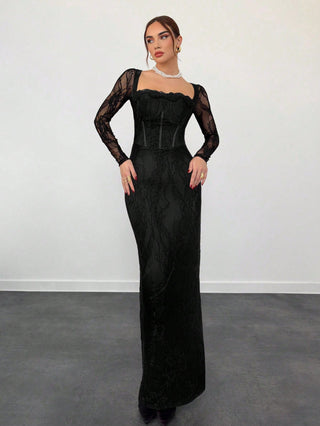 Women's Elegant Sexy Seductive Lace Long Sleeve Corset Dress