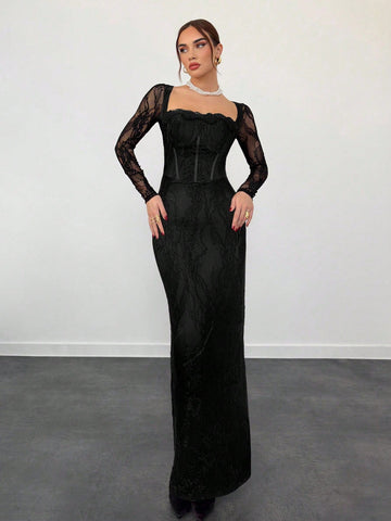 Women's Elegant Sexy Seductive Lace Long Sleeve Corset Dress