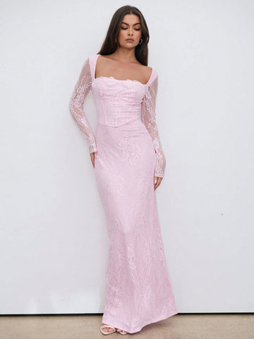 Sexy S-Shaped Lace Long Sleeve Cupped Corset Collar Slim Fitted Floor Length Dress