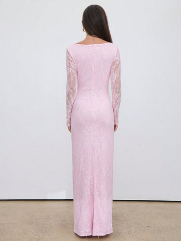 Sexy S-Shaped Lace Long Sleeve Cupped Corset Collar Slim Fitted Floor Length Dress