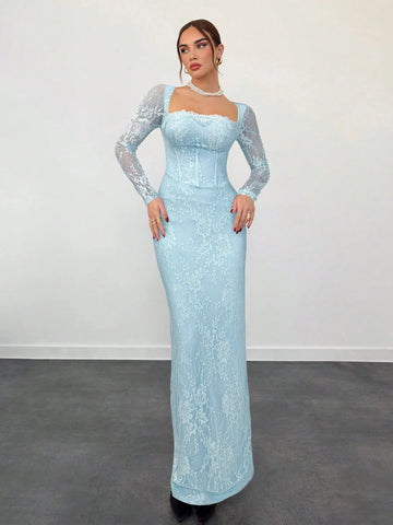 Sexy S-Shaped Lace Long Sleeve Cupped Corset Collar Slim Fitted Floor Length Dress