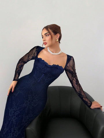 Sexy S-Shaped Lace Long Sleeve Cupped Corset Collar Slim Fitted Floor Length Dress