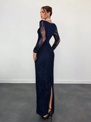 Sexy S-Shaped Lace Long Sleeve Cupped Corset Collar Slim Fitted Floor Length Dress