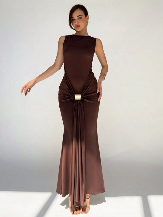 Women's Round Neck Sleeveless Knotted Front Fishtail Hem Fitted Elegant Dress