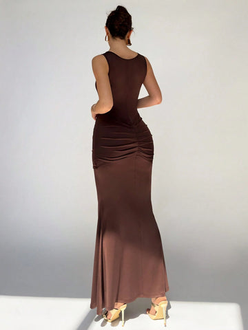 Women's Round Neck Sleeveless Knotted Front Fishtail Hem Fitted Elegant Dress