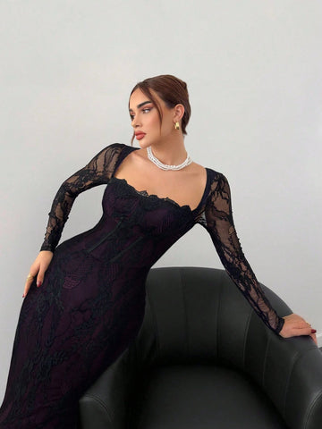 Sexy S-Shaped Lace Long Sleeve Cupped Corset Collar Slim Fitted Floor Length Dress