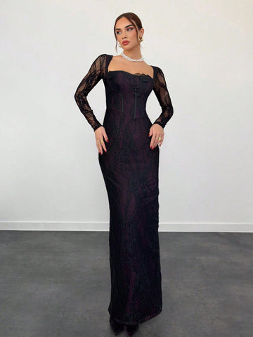 Sexy S-Shaped Lace Long Sleeve Cupped Corset Collar Slim Fitted Floor Length Dress