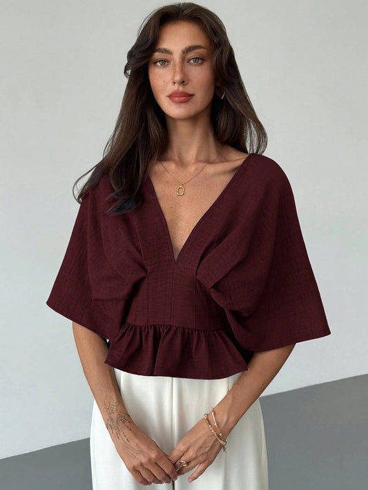 Solid Color V-Neck Ruffle Hem Blouse
