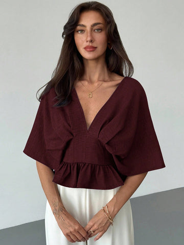Solid Color V-Neck Ruffle Hem Blouse