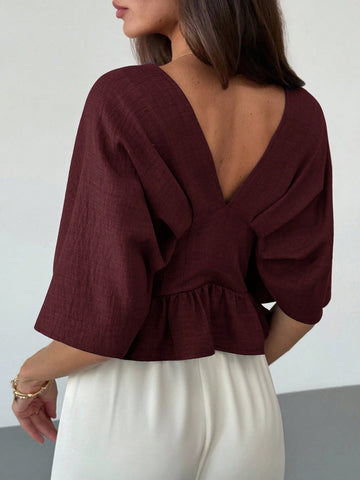 Solid Color V-Neck Ruffle Hem Blouse