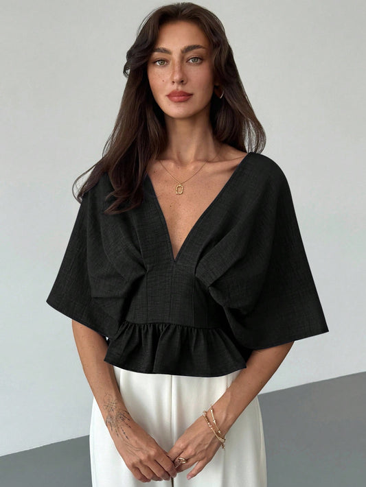 Solid Color V-Neck Ruffle Hem Blouse