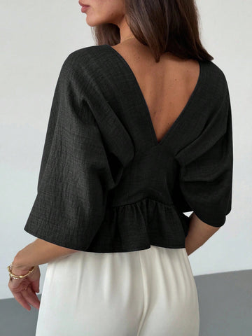 Solid Color V-Neck Ruffle Hem Blouse