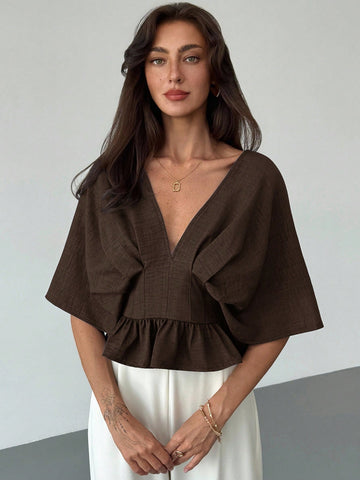 Solid Color V-Neck Ruffle Hem Blouse