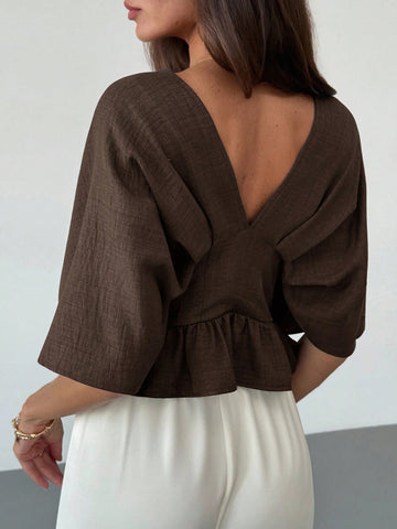 Solid Color V-Neck Ruffle Hem Blouse