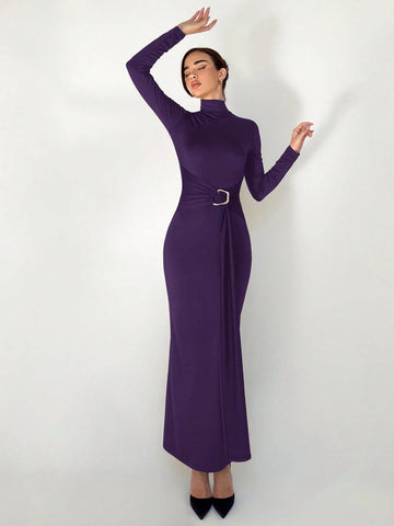 Slim Fit Warm Stand Collar Long Sleeve Cinched Waist Extra-Long Versatile Knit Dress