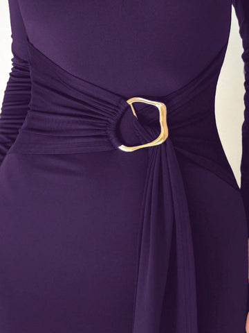 Slim Fit Warm Stand Collar Long Sleeve Cinched Waist Extra-Long Versatile Knit Dress