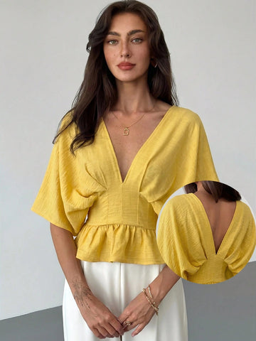 Solid Color V-Neck Ruffle Hem Blouse