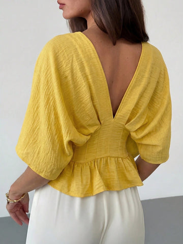Solid Color V-Neck Ruffle Hem Blouse