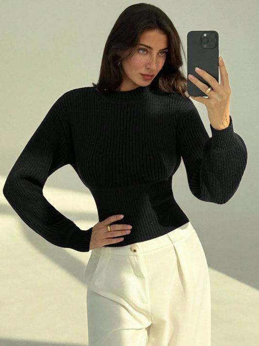 Aloruh Women's Vintage High Neck Pullover Sweater With Cinched Waist