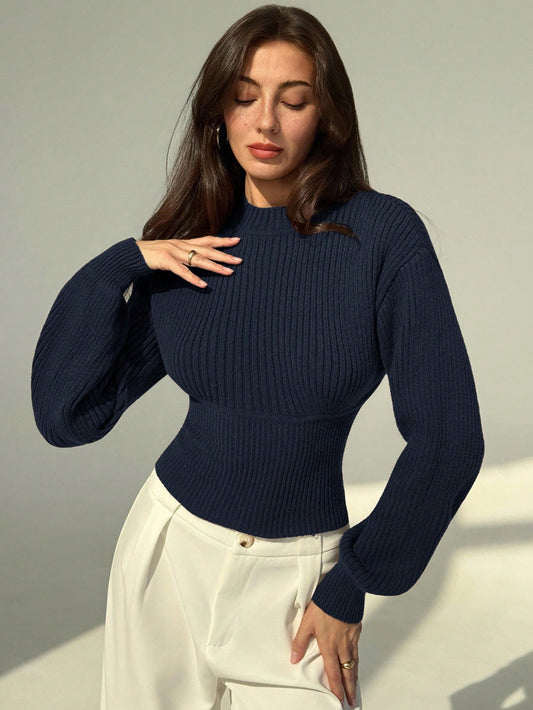 Aloruh Women's Vintage High Neck Pullover Sweater With Cinched Waist