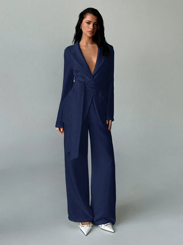 2pcs/Set Women Office Wear Solid Color New Style Blazer Jacket And Straight Pants