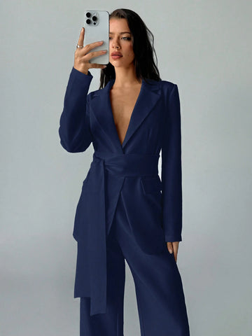 2pcs/Set Women Office Wear Solid Color New Style Blazer Jacket And Straight Pants