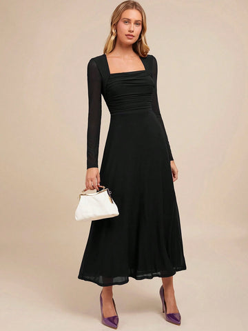 Women's Elegant Party Square Neck Long Sleeve A-Line Purple Dress
