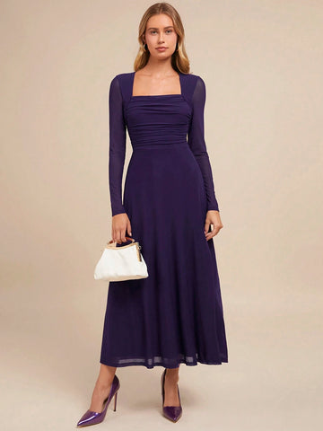 Women's Elegant Party Square Neck Long Sleeve A-Line Purple Dress