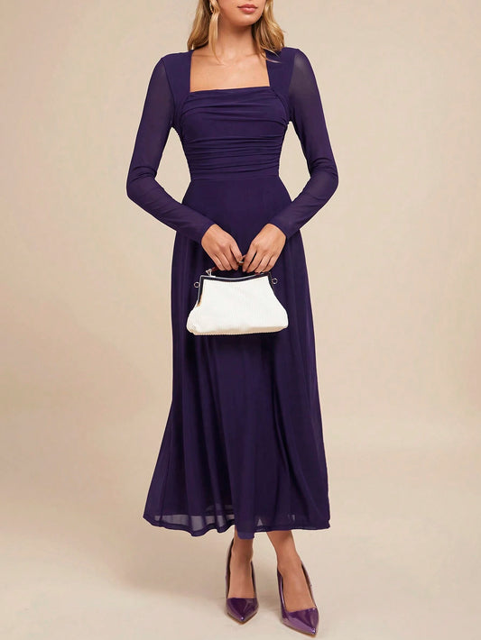 Women's Elegant Party Square Neck Long Sleeve A-Line Purple Dress