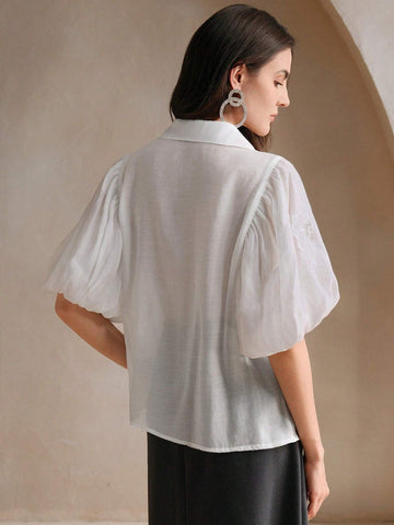 Women's Elegant Puff Sleeve Decorative Flower Mallard Color Blouse Women Shirt