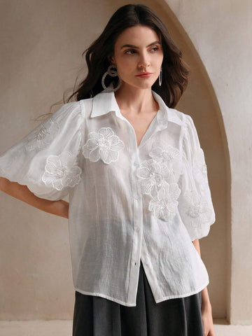 Women's Elegant Puff Sleeve Decorative Flower Mallard Color Blouse Women Shirt