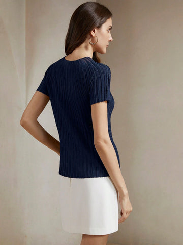 Anewsta Women's Blue Elegant Crystal Sheer Knit Short Sleeve T-Shirt