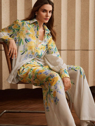 Anewsta 2pcs Floral Printed Ladies' Shirt And Pants Set