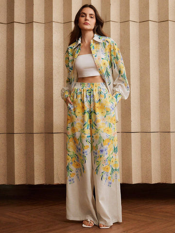 Anewsta 2pcs Floral Printed Ladies' Shirt And Pants Set