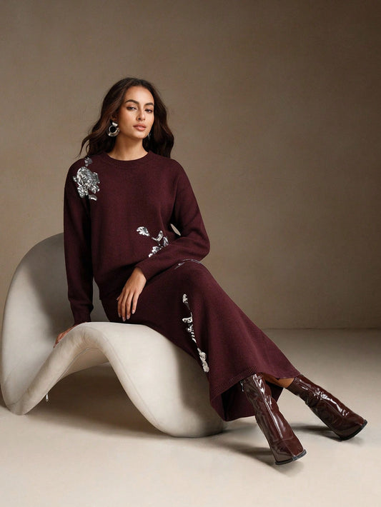 Women Elegant Sequins Embellished French Retro Knitted Set