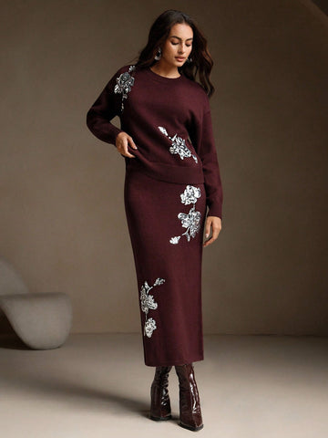 Women Elegant Sequins Embellished French Retro Knitted Set