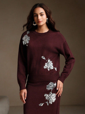 Women Elegant Sequins Embellished French Retro Knitted Set