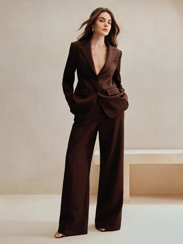 Maillard Color Blazer Jacket + Straight Leg Pants