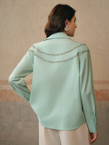 Anewsta Acrylic Stone Decor Elegant Urban Style Collared Shirt
