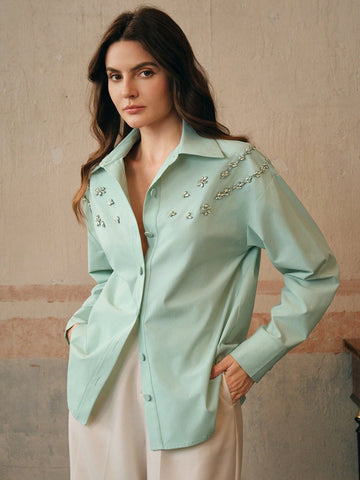 Anewsta Acrylic Stone Decor Elegant Urban Style Collared Shirt