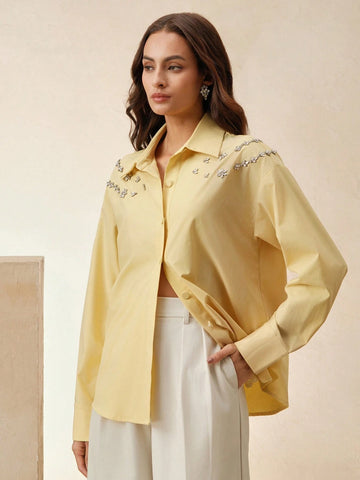 Anewsta Acrylic Stone Decor Elegant Urban Style Collared Shirt