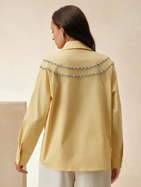 Anewsta Acrylic Stone Decor Elegant Urban Style Collared Shirt