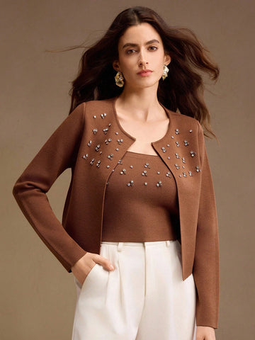 Women's Rhinestone Decor Long Sleeve Casual Jacket And Cropped Camisole