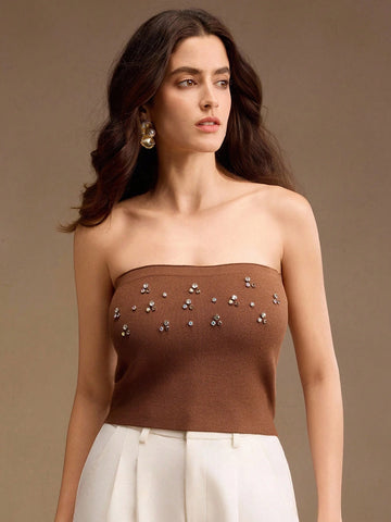 Women's Rhinestone Decor Long Sleeve Casual Jacket And Cropped Camisole