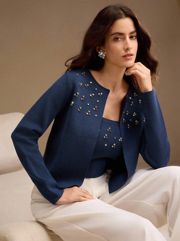 Women's Rhinestone Decor Long Sleeve Casual Jacket And Cropped Camisole