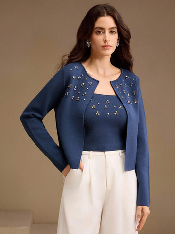 Women's Rhinestone Decor Long Sleeve Casual Jacket And Cropped Camisole