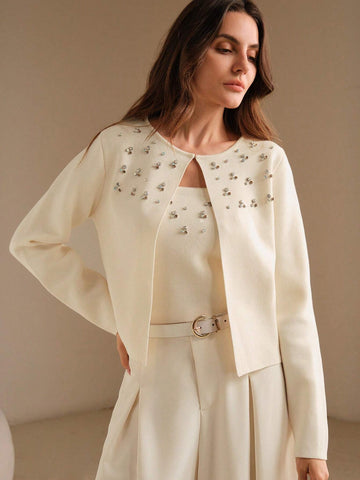 Women's Rhinestone Decor Long Sleeve Casual Jacket And Cropped Camisole