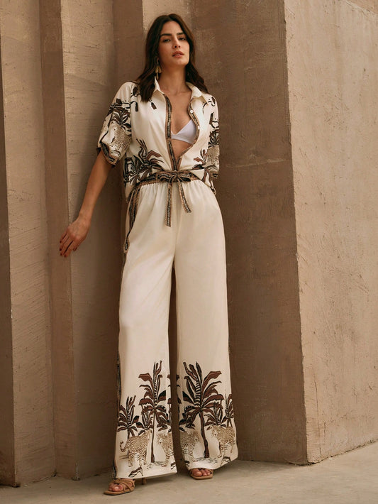Elegant Loose Casual Vintage-Style Printed Blouse And Wide Leg Pants