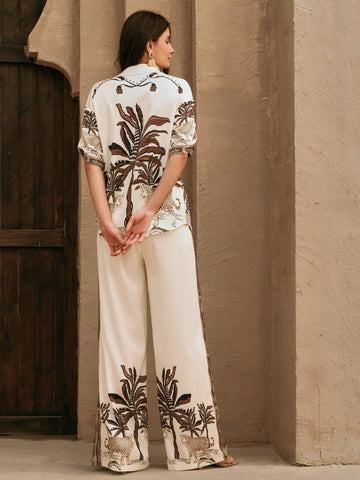 Elegant Loose Casual Vintage-Style Printed Blouse And Wide Leg Pants